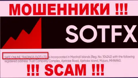 Сведения о юр. лице компании SotFX, это SAFE ONLINE TRADINGS (SOT) LTD