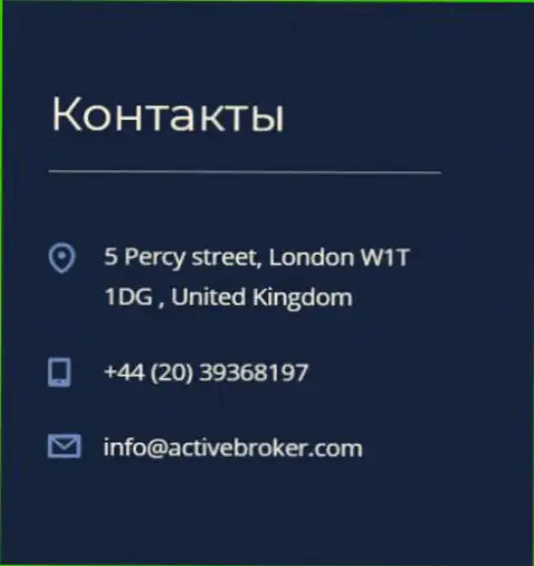 Адрес головного офиса ФОРЕКС брокерской конторы Актив Брокер, представленный на официальном сайте данного Форекс дилера