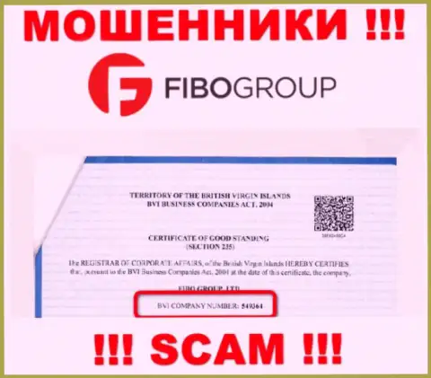Номер регистрации противозаконно действующей организации FIBO Group Ltd - 549364