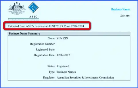 Документ, подтверждающий присутствие регистрации у брокерской фирмы Zinnera